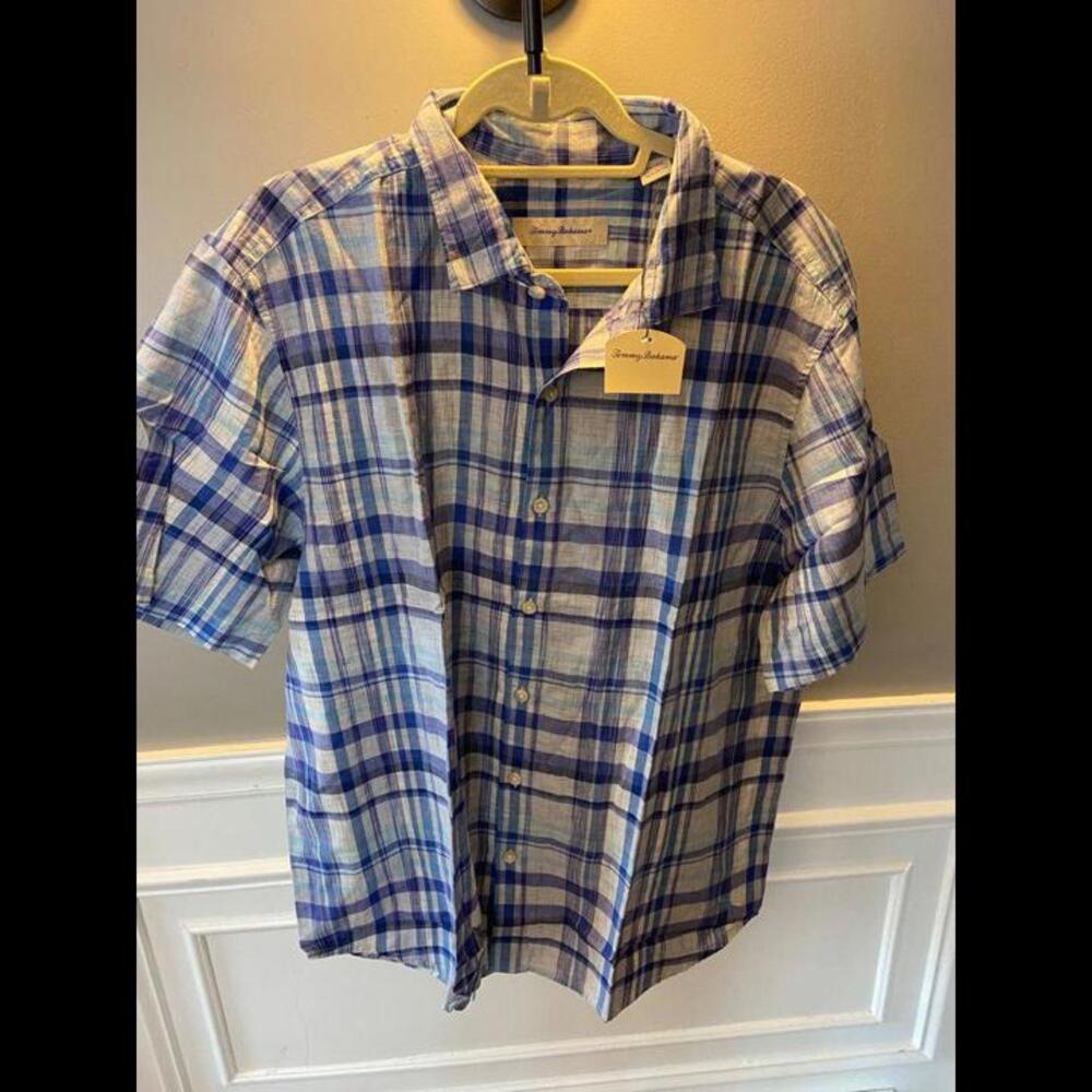 NWT- Tommy Bahama Blue and White Plaid Short Sleeve Shirt